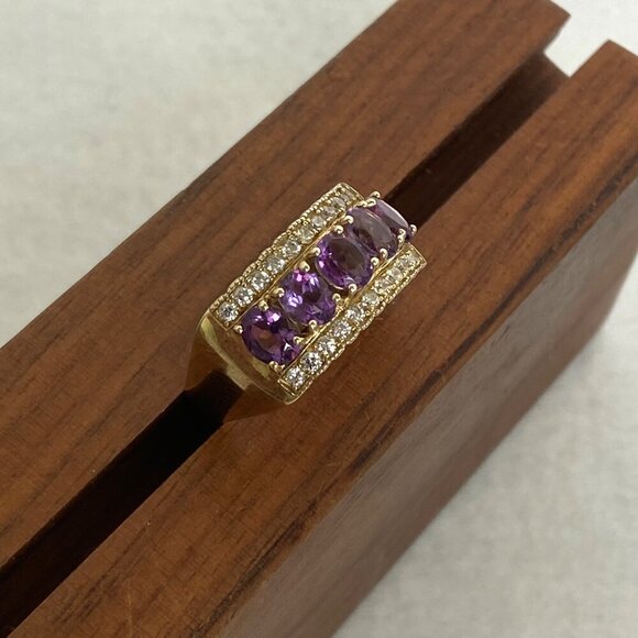 Gold Vermeil Sterling Silver 925 Prong Set Oval Amethyst CZ Wide Band Ring Sz 9 - Picture 13 of 16